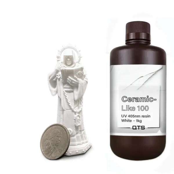 QTS Ceramic-like 100 Resin เป็นเรซินที่สามารถรักษาด้วยรังสียูวีได้ ซึ่งไม่มีสารตัวสร้างภาพ TPO ซึ่งถูกสั่งห้ามโดยสหภาพยุโรป เรซินนี้สามารถใช้งานร่วมกับเครื่องพิมพ์ 3 มิติได้หลากหลาย รวมถึงรุ่น DLP และ LCD สีขาวเซรามิก ทนความร้อนได้ดีเยี่ยม การหดตัวต่ำ และการเสียรูปน้อยที่สุด ชิ้นงานที่พิมพ์จะมีพื้นผิวเรียบเป็นเอกลักษณ์ เหมาะสำหรับการพิมพ์เครื่องเซรามิก แบบจำลองปูนปลาสเตอร์ ขั้วสัญญาณ และวัตถุอื่นๆ ที่เกี่ยวข้อง