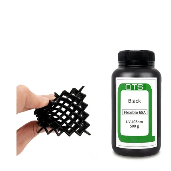เรซินแบบอ่อน QTS Flex 68A เป็นเรซินที่รักษาด้วยรังสียูวีได้ วัสดุคล้ายยางมีความยืดหยุ่นสูงและเหมาะสำหรับวัตถุหรือส่วนประกอบที่มีวัสดุหลายชนิดที่ต้องโค้งงอ บีบอัด จำลองการสัมผัสที่ยืดหยุ่น และเป็นไปตามหลักสรีรศาสตร์